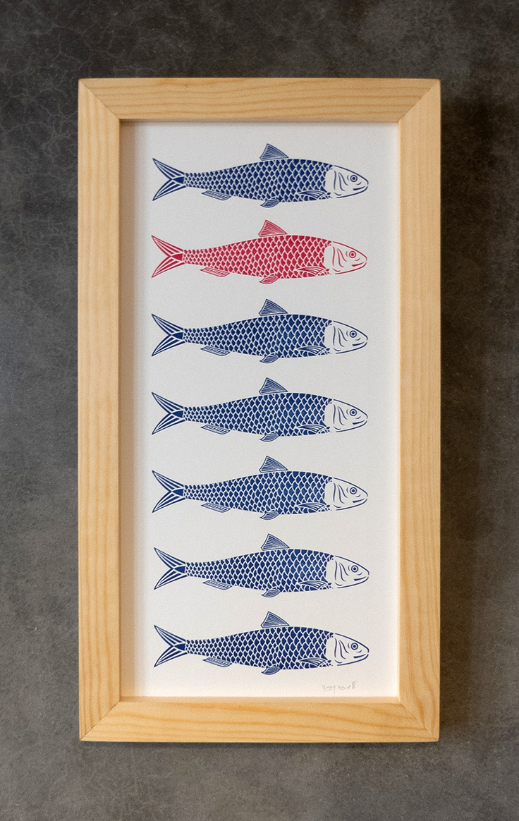 Impression typo. Série sardine bleu-magenta. 18 x 33 cm.