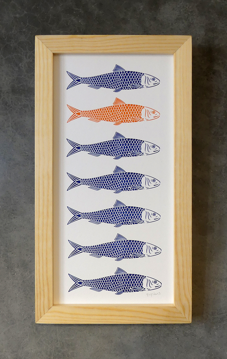 Impression typo. Série sardine bleu-orange. 18 x 33 cm.
