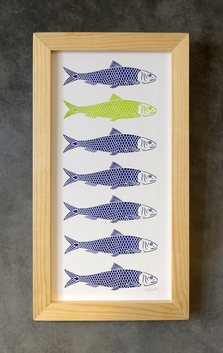 Impression typo. Série sardine bleu-vert. 18 x 33 cm.