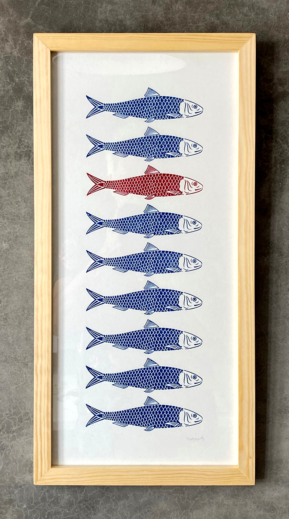 Impression typo. Série sardine bleu-magenta. 23 x 50 cm.