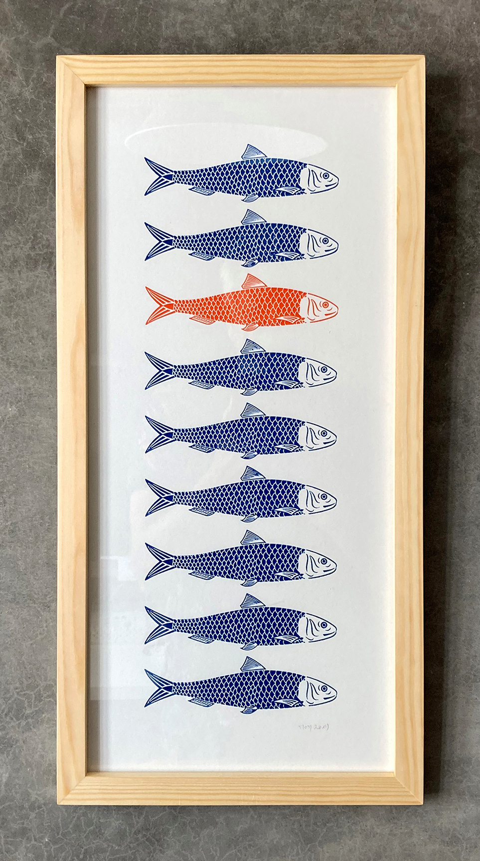 Impression typo. Série sardine bleu-orange. 23 x 50 cm.
